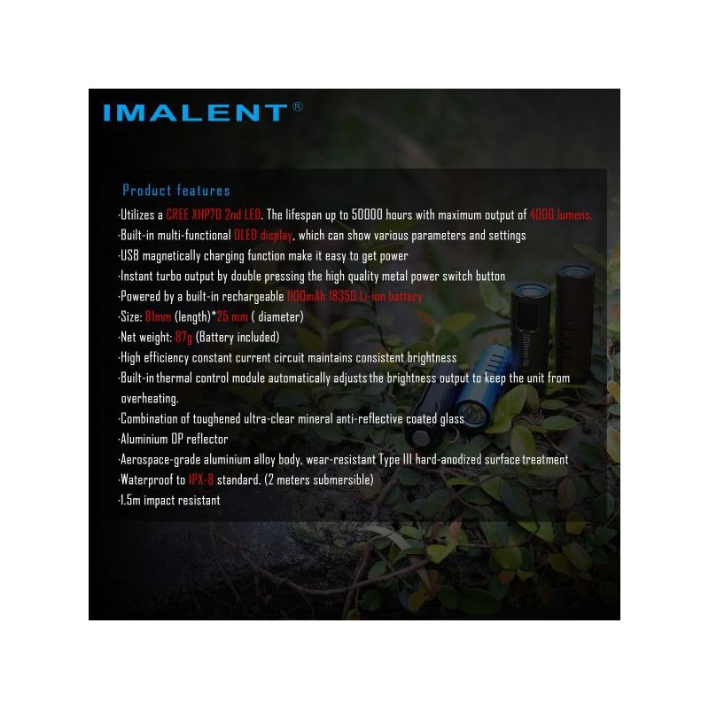 IMALENT LD70 LED lommelygte 4000 lumen bærbar belysning med OLED skærm høj ydeevne kompakt design