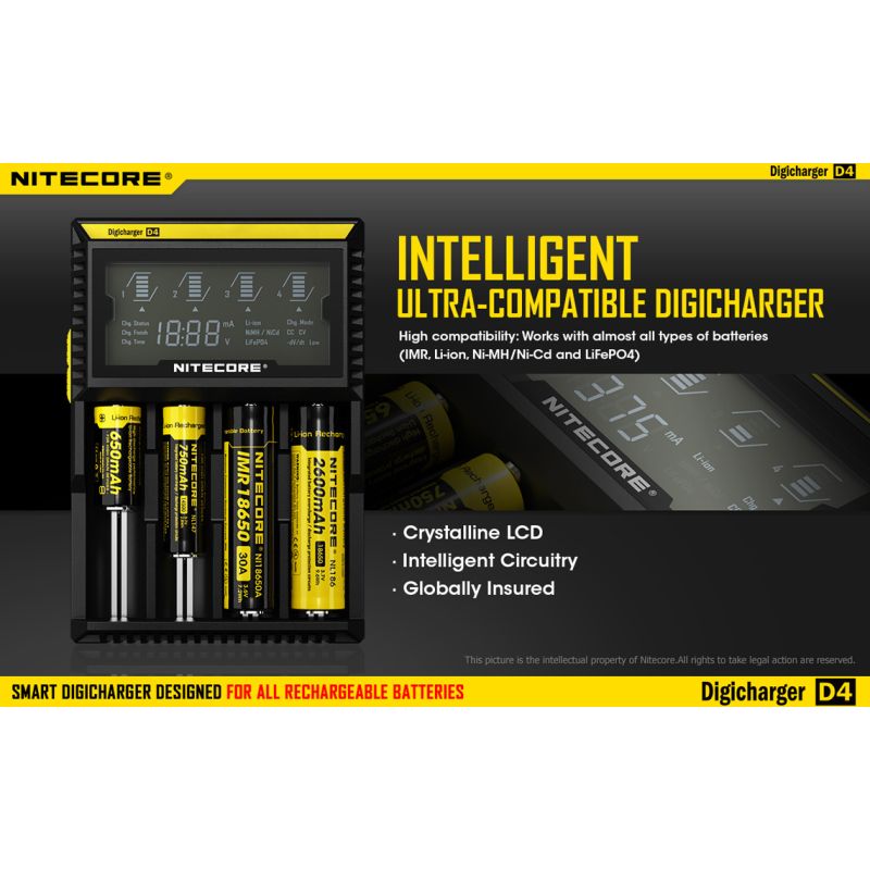 NITECORE D4 DELICHARGER LCD DISPLAY batteri oplader intelligent opladning Li-ion 18650 14500 26650 kompatibel
