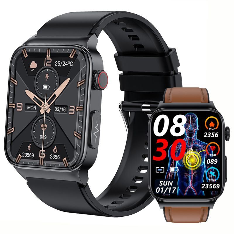 Herre Smartwatch E500 - Blodsukker, Blodtryk & EKG. Vandtæt Fitness Smartwatch med Kropstemperatur