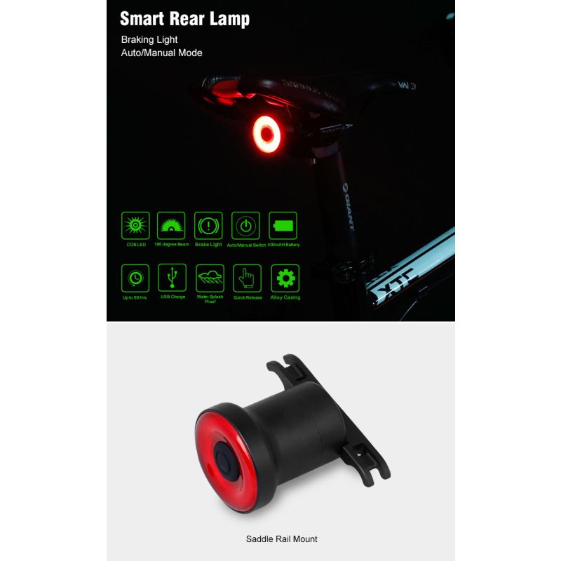 XLITE100 intelligent cykel baglygte superlys USB smart cykelbremse auto/manuelt mode cykeltilbehør sikkerhed