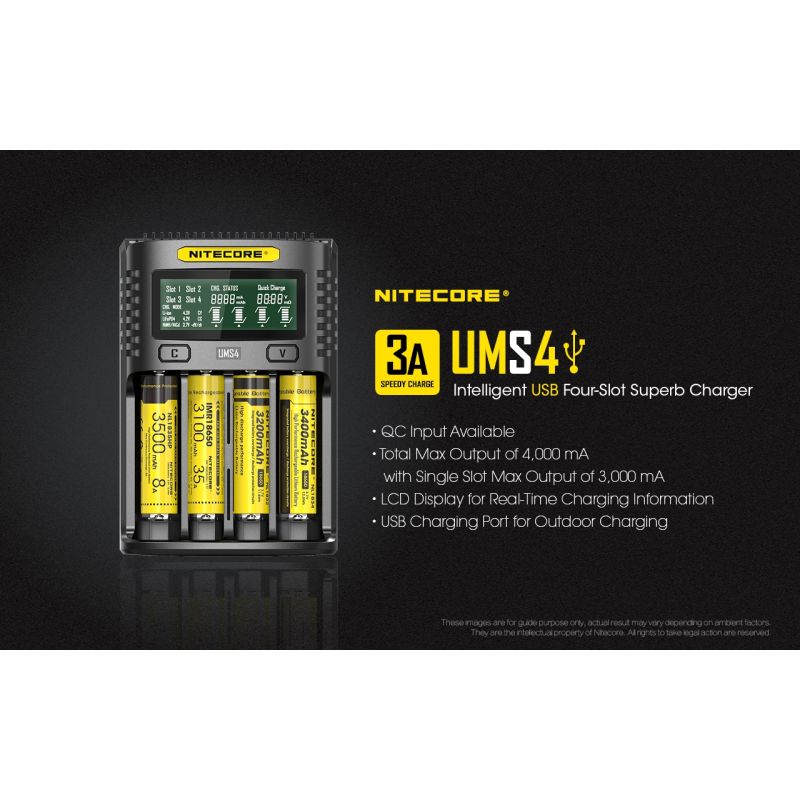 Nitecore UMS4 intelligent USB oplader fire-slot oplader med hurtig opladning til batterientusiaster