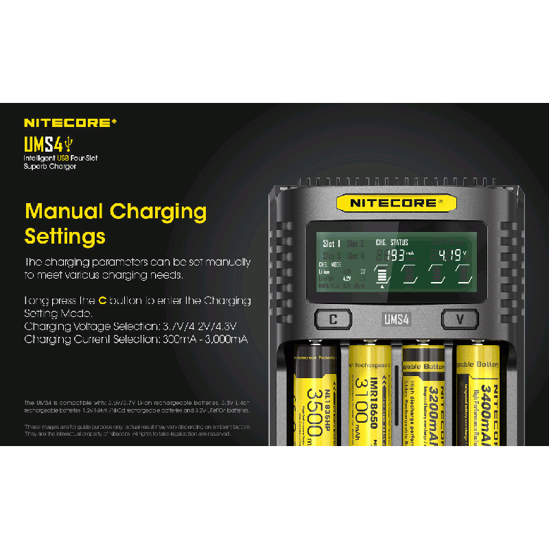 Nitecore UMS4 intelligent USB oplader fire-slot oplader med hurtig opladning til batterientusiaster