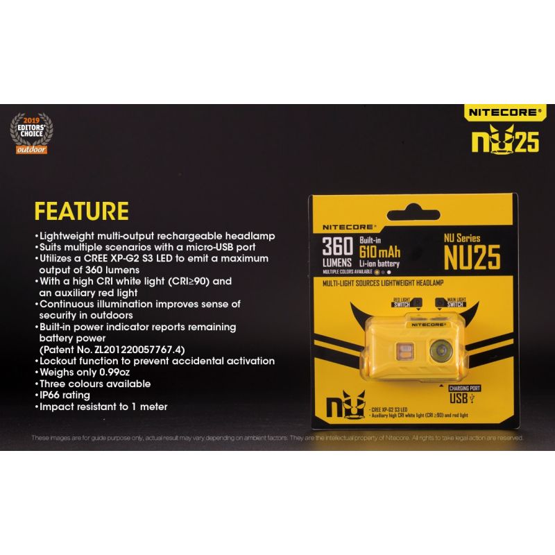 Nitecore NU25 XP-G2 S3 LED 360 lumen genopladelig forlygte letvægts forlygte ideel til campingudstyr og nat synlighed