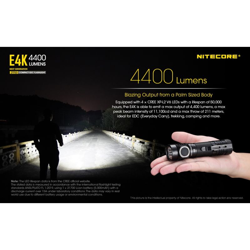 Nitecore E4K lommelygte 4400 lumen XP-L2 V6 LED kompakt design IP68 vejrbestandig til udendørs belysning