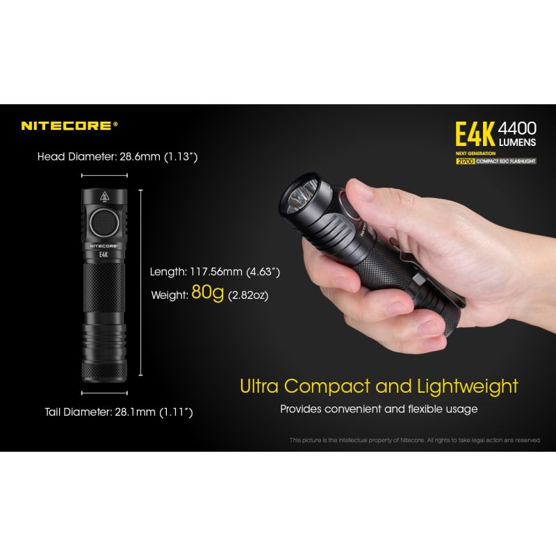 Nitecore E4K lommelygte 4400 lumen XP-L2 V6 LED kompakt design IP68 vejrbestandig til udendørs belysning