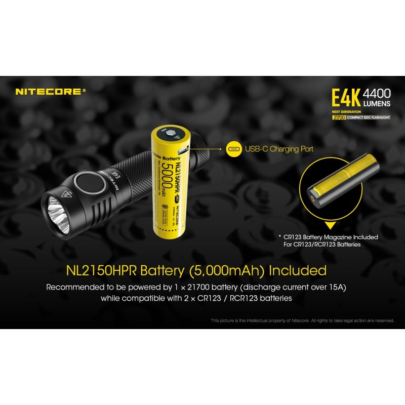 Nitecore E4K lommelygte 4400 lumen XP-L2 V6 LED kompakt design IP68 vejrbestandig til udendørs belysning