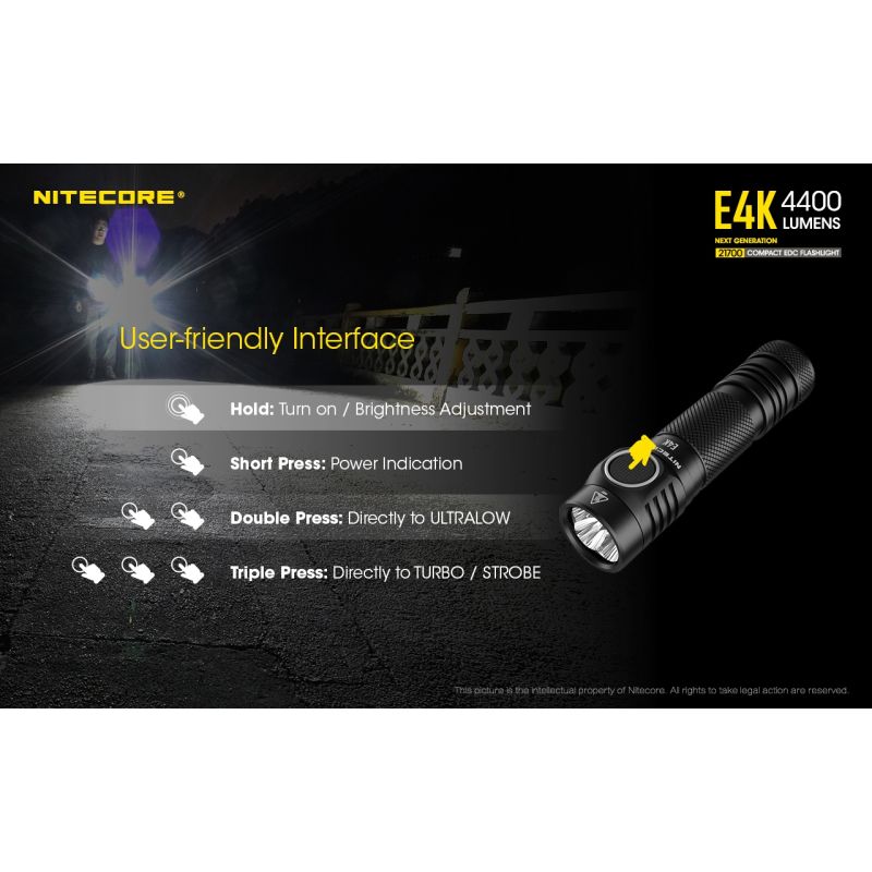 Nitecore E4K lommelygte 4400 lumen XP-L2 V6 LED kompakt design IP68 vejrbestandig til udendørs belysning