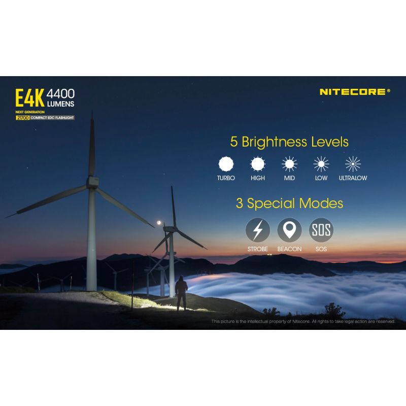 Nitecore E4K lommelygte 4400 lumen XP-L2 V6 LED kompakt design IP68 vejrbestandig til udendørs belysning