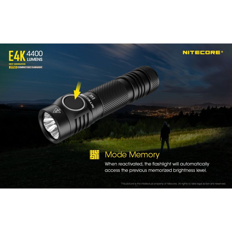 Nitecore E4K lommelygte 4400 lumen XP-L2 V6 LED kompakt design IP68 vejrbestandig til udendørs belysning