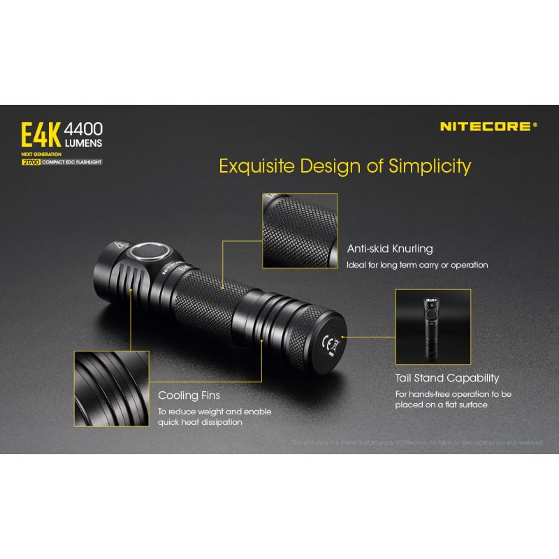 Nitecore E4K lommelygte 4400 lumen XP-L2 V6 LED kompakt design IP68 vejrbestandig til udendørs belysning