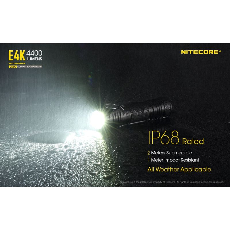 Nitecore E4K lommelygte 4400 lumen XP-L2 V6 LED kompakt design IP68 vejrbestandig til udendørs belysning