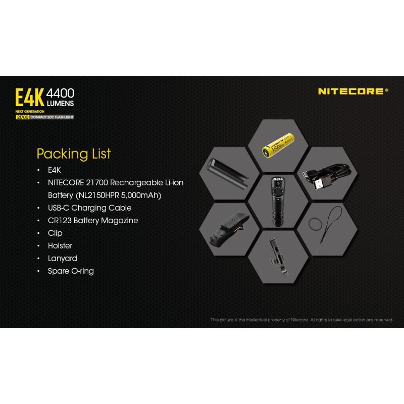 Nitecore E4K lommelygte 4400 lumen XP-L2 V6 LED kompakt design IP68 vejrbestandig til udendørs belysning