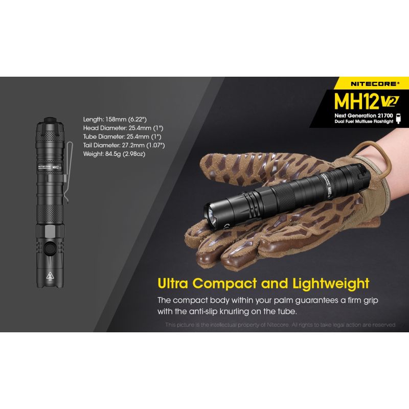 Nitecore MH12 V2 XP-L2 V6 LED lommelygte 1200 lumen perfekt til udendørs eventyr med alsidige strømmuligheder