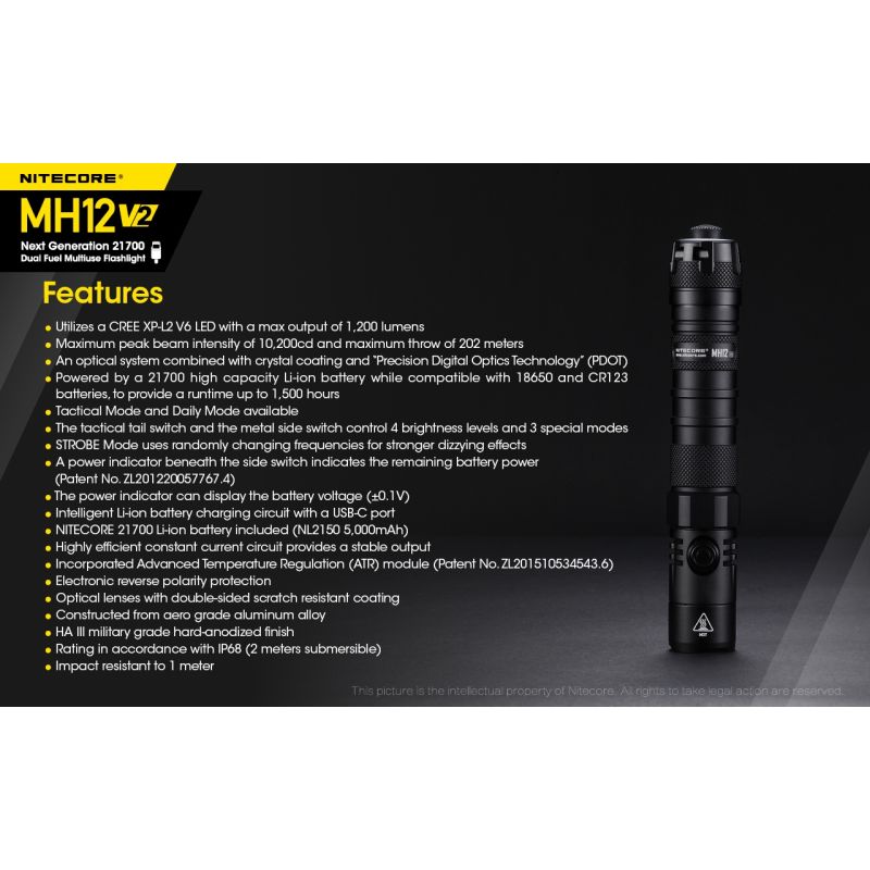 Nitecore MH12 V2 XP-L2 V6 LED lommelygte 1200 lumen perfekt til udendørs eventyr med alsidige strømmuligheder