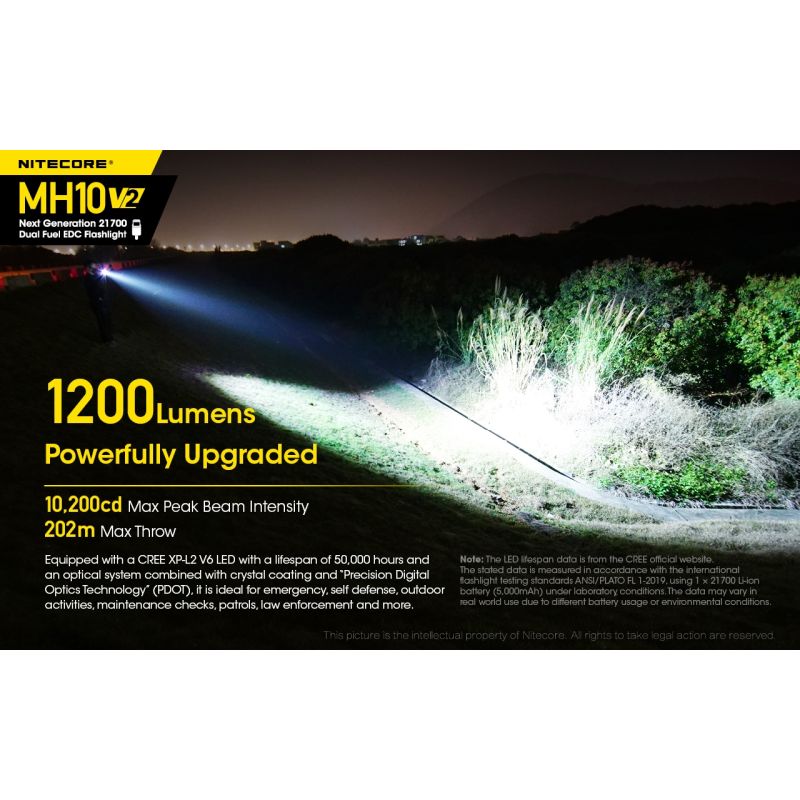 NITECORE MH10 V2 LED lommelygte 1200 lumen XP-L2 V6 holdbar kompakt design USB-C opladning udendørs eventyr