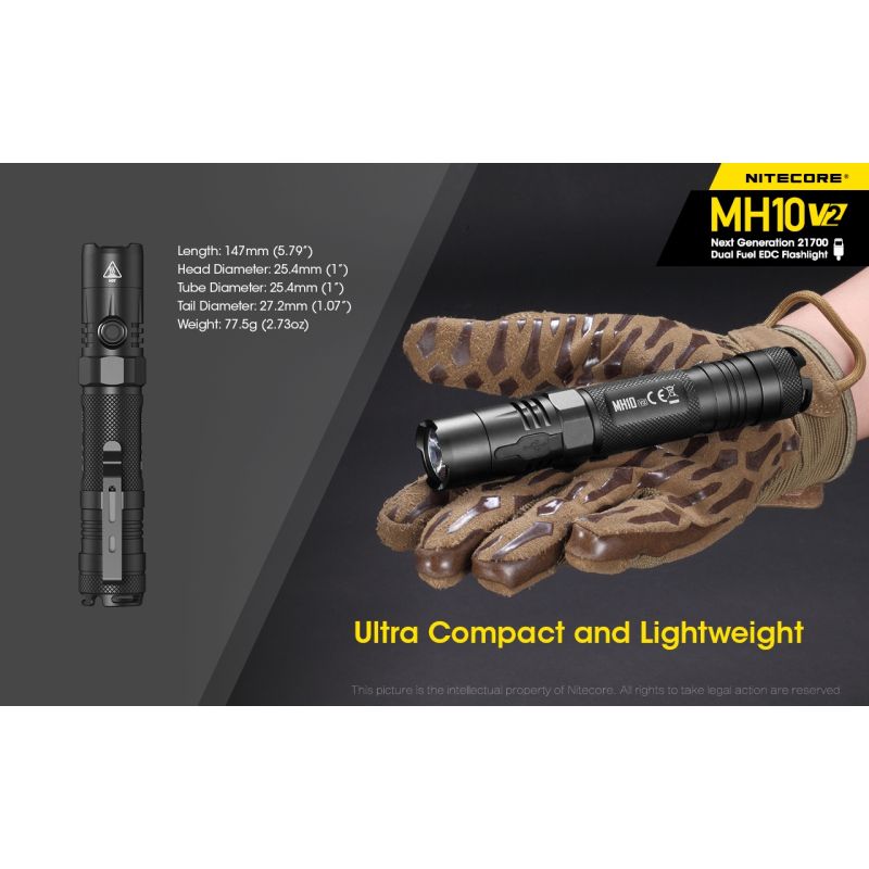 NITECORE MH10 V2 LED lommelygte 1200 lumen XP-L2 V6 holdbar kompakt design USB-C opladning udendørs eventyr