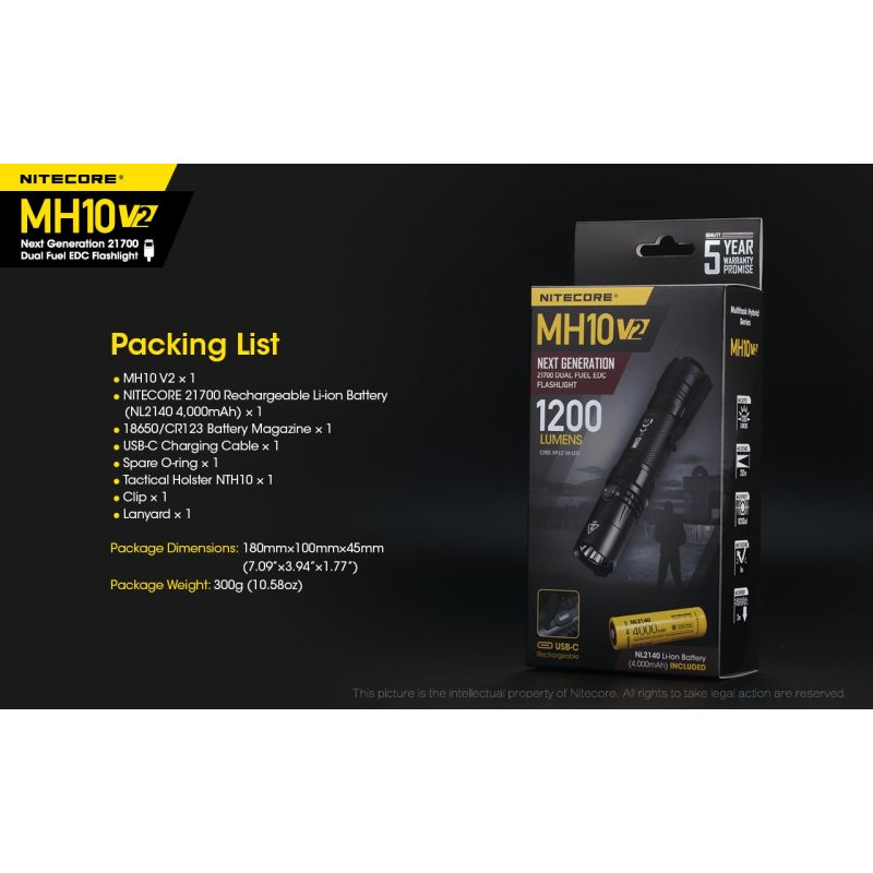 NITECORE MH10 V2 LED lommelygte 1200 lumen XP-L2 V6 holdbar kompakt design USB-C opladning udendørs eventyr