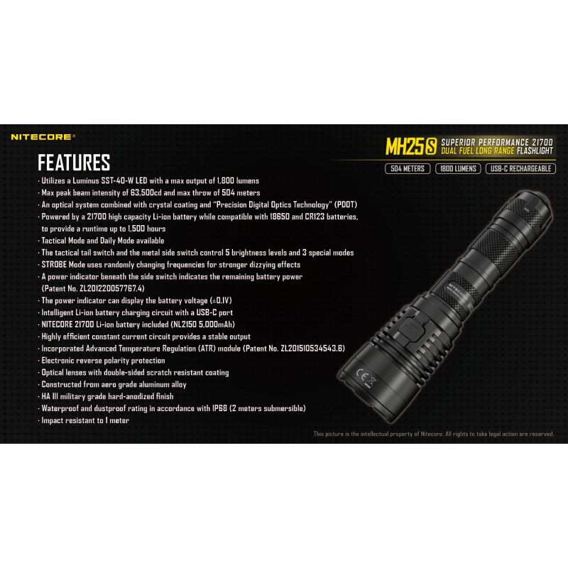 Nitecore MH25S LED lommelygte 1800 lumen USB-C opladelig høj lysstyrke lang rækkevidde udendørs eventyr