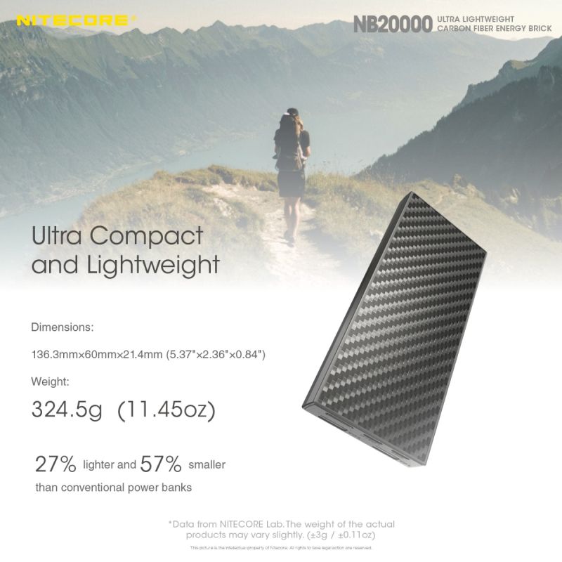 Nitecore NB20000 QC Dobbelt Port USB USB-C powerbank 20000mAh letvægt hurtig opladning bærbar oplader