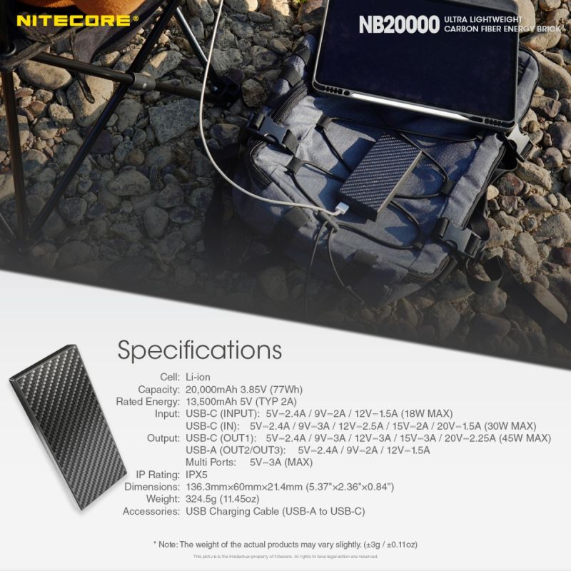 Nitecore NB20000 QC Dobbelt Port USB USB-C powerbank 20000mAh letvægt hurtig opladning bærbar oplader