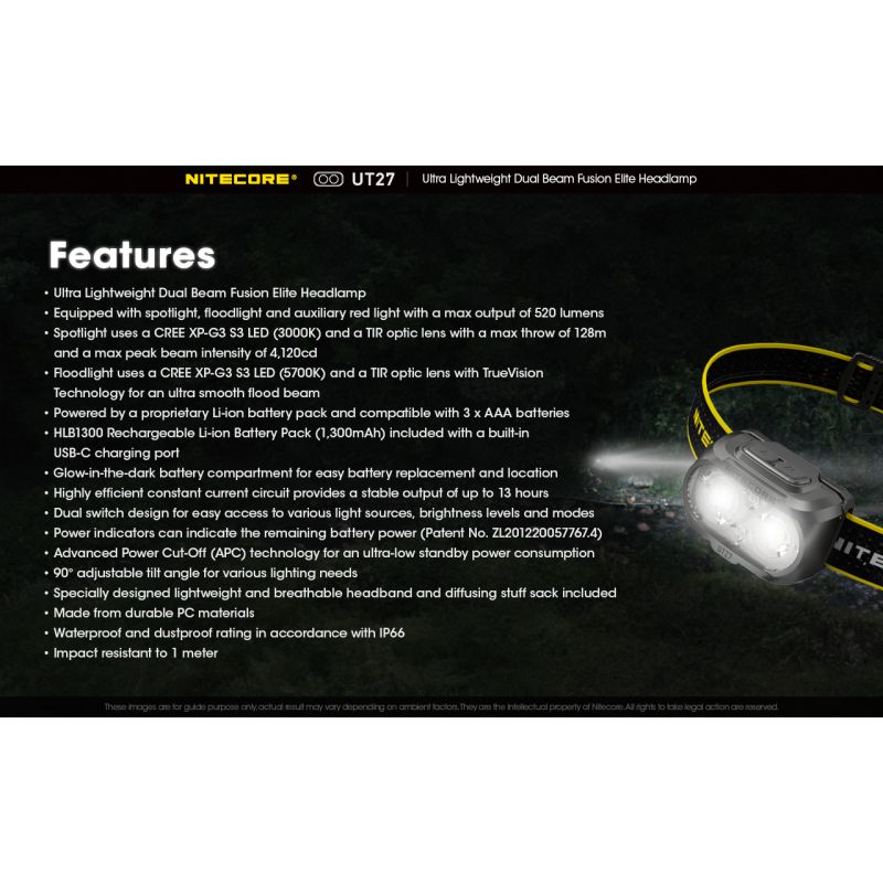 Nitecore UT27 LED forlygte 2 x XP-G3 S3 520 lumen kraftig belysning natteventyr robust design udendørsudstyr