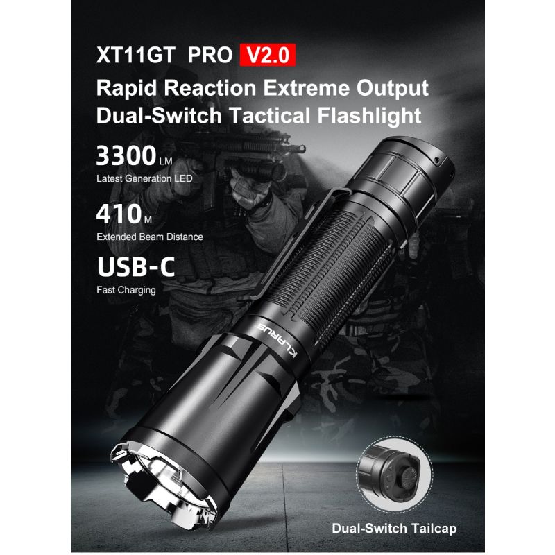 Klarus XT11GT PRO V2.0 3300 lumen Luminus SST-70 USB-C genopladelig vandtæt udendørs lommelygte