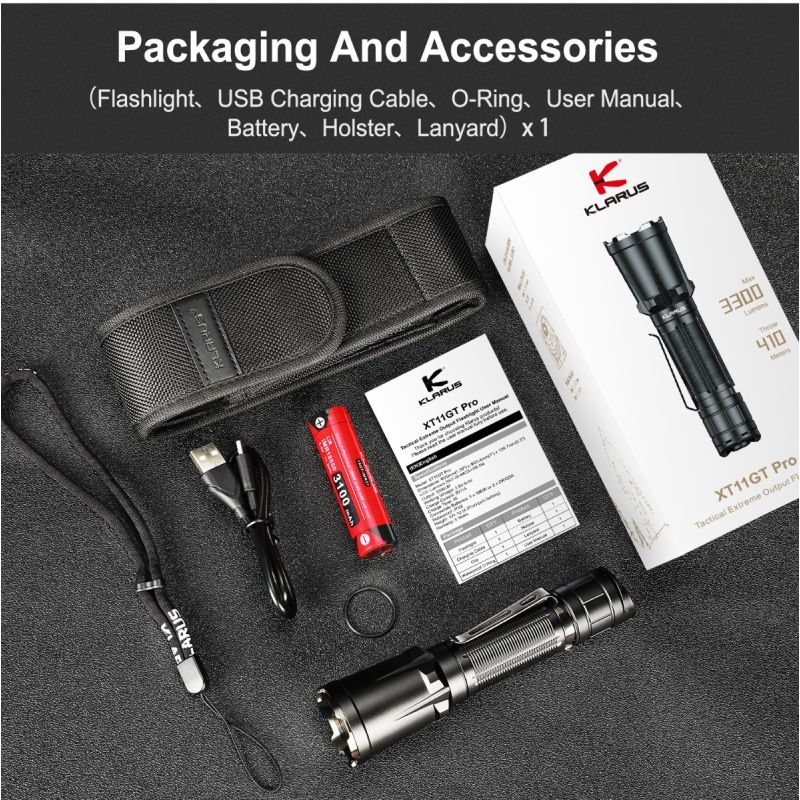 Klarus XT11GT PRO V2.0 3300 lumen Luminus SST-70 USB-C genopladelig vandtæt udendørs lommelygte