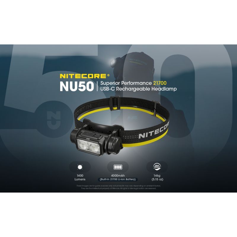 Nitecore NU50 kraftig 1400 lumen genopladelig LED-forlygte til vandreture og søgning med lang batteritid