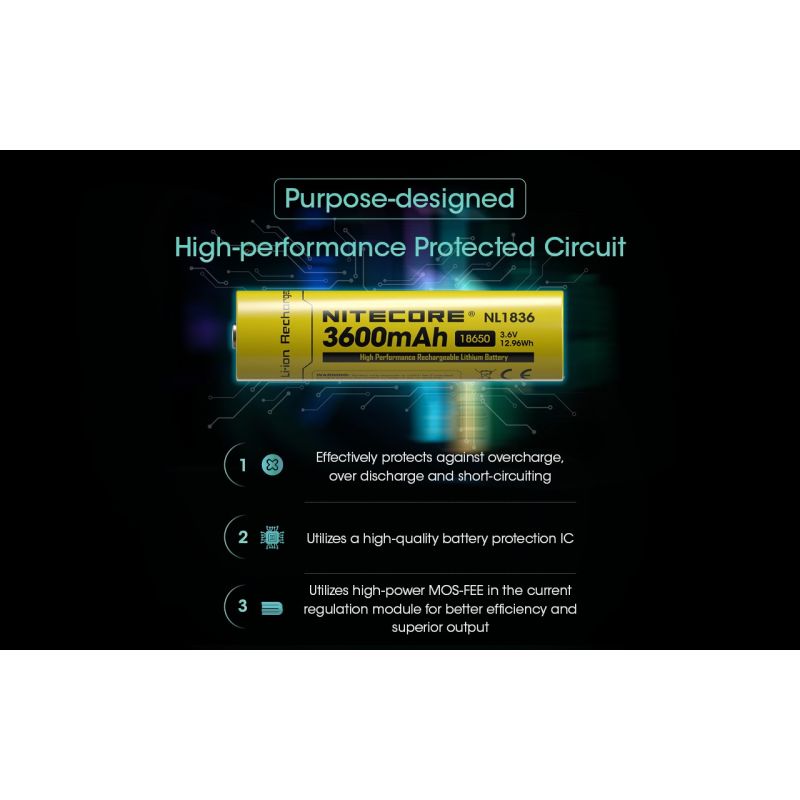 Nitecore 18650 NL1836 3600mAh Li-ion genopladeligt batteri | Smart beskyttelse til lommelygte