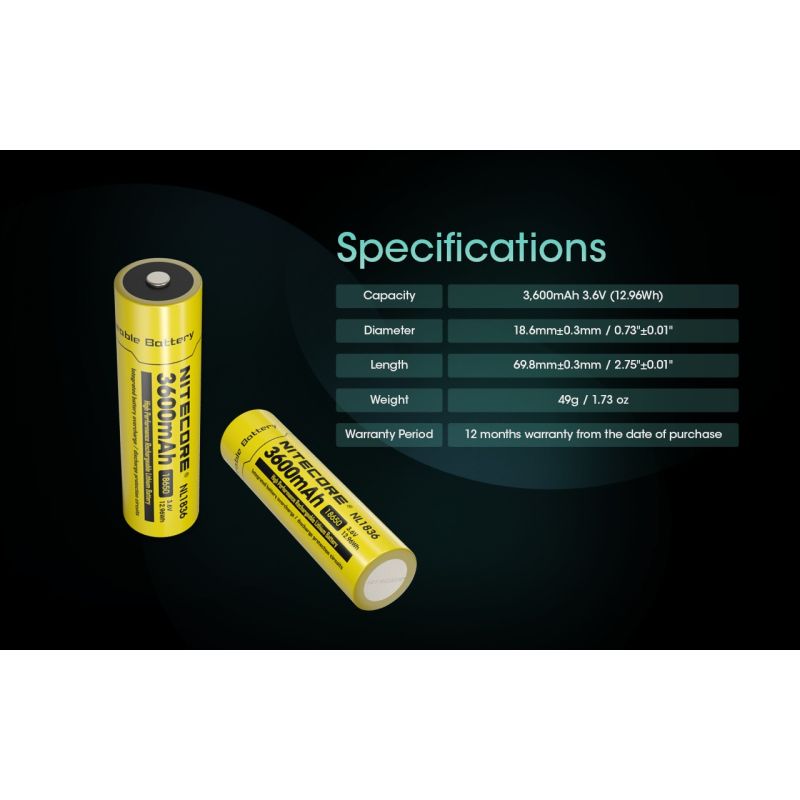 Nitecore 18650 NL1836 3600mAh Li-ion genopladeligt batteri | Smart beskyttelse til lommelygte