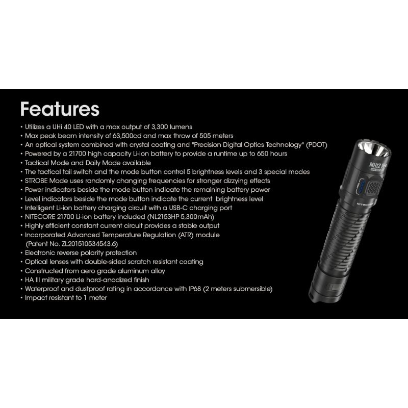 Nitecore MH12 Pro 3300 Lumen USB-C genopladelig lommelygte til udendørs eventyr og natlige vandreture