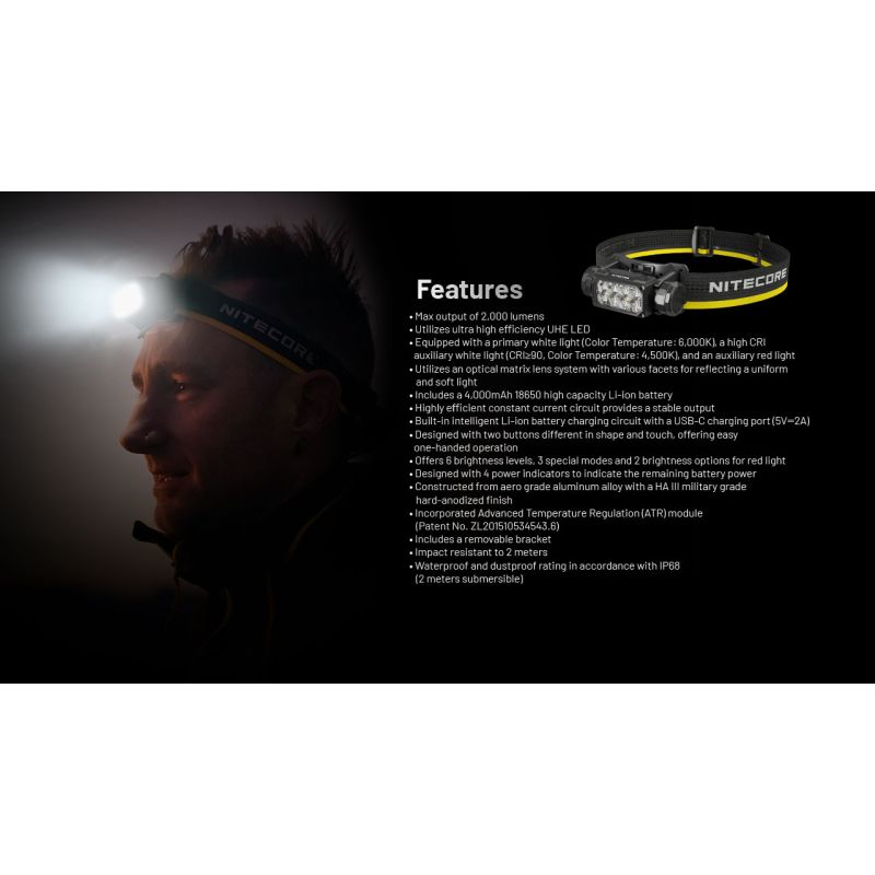 NITECORE HC65 UHE forlygte 2000 lumen letvægtsdesign USB-C genopladelig ideel til camping og vandreture