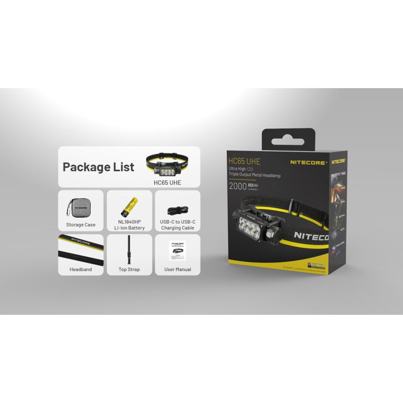 NITECORE HC65 UHE forlygte 2000 lumen letvægtsdesign USB-C genopladelig ideel til camping og vandreture
