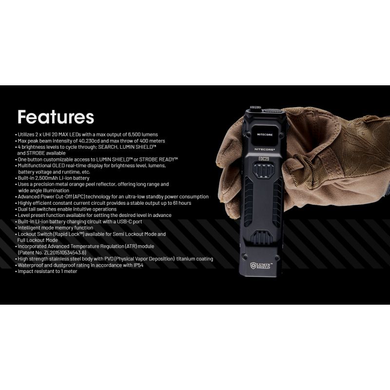 NITECORE EDC29 6500 lumen USB-C genopladelig lommelygte camping og hverdagens bærbar med justerbare niveauer