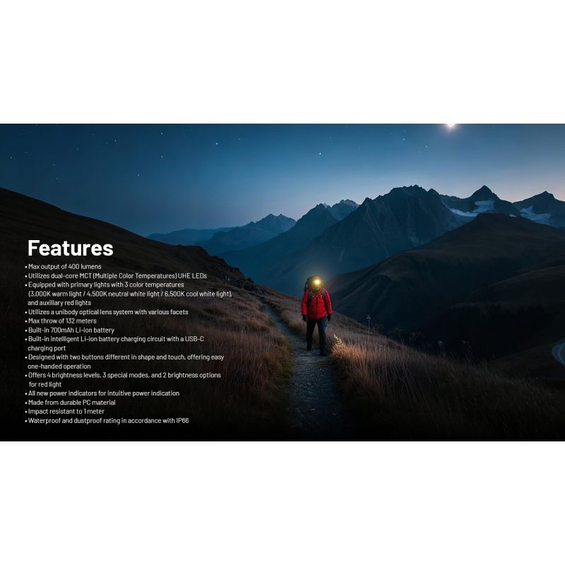 NITECORE NU25 MCT kompakt LED forlygte 400 lumens dual beam USB-C opladning ideel til eventyrer udendørs belysning