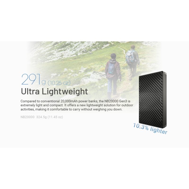 Nitecore NB20000 Gen3 QC bærbar oplader 20000mAh letvægt kompakt høj kapacitet dobbelte USB-C porte rejseledsager
