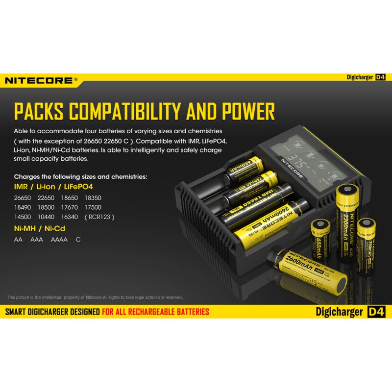 NITECORE D4 DELICHARGER LCD DISPLAY batteri oplader intelligent opladning Li-ion 18650 14500 26650 kompatibel