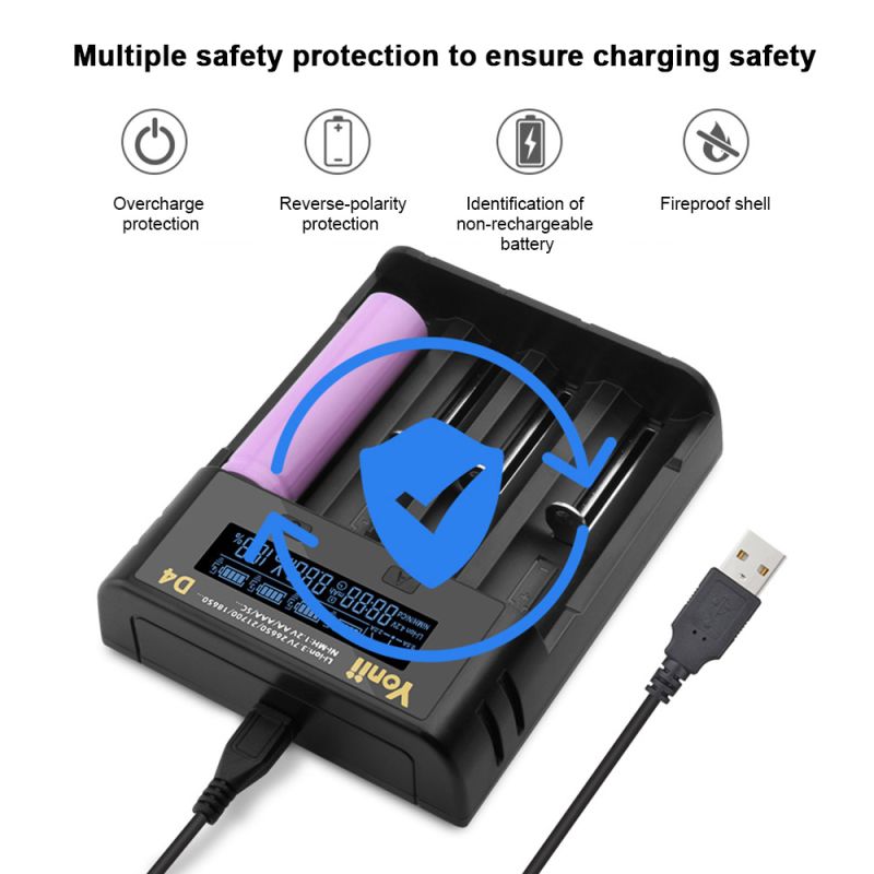 YONII D4 Universal 4-Slot LCD Oplader til 18650 21700 Lithium & AA AAA Ni-MH Batteri USB Oplader