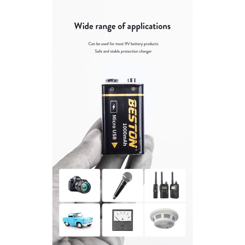Beston 9V 1000mAh genopladeligt batteri mikro USB li-ion høj kapacitet til RC helikopter og mikrofon