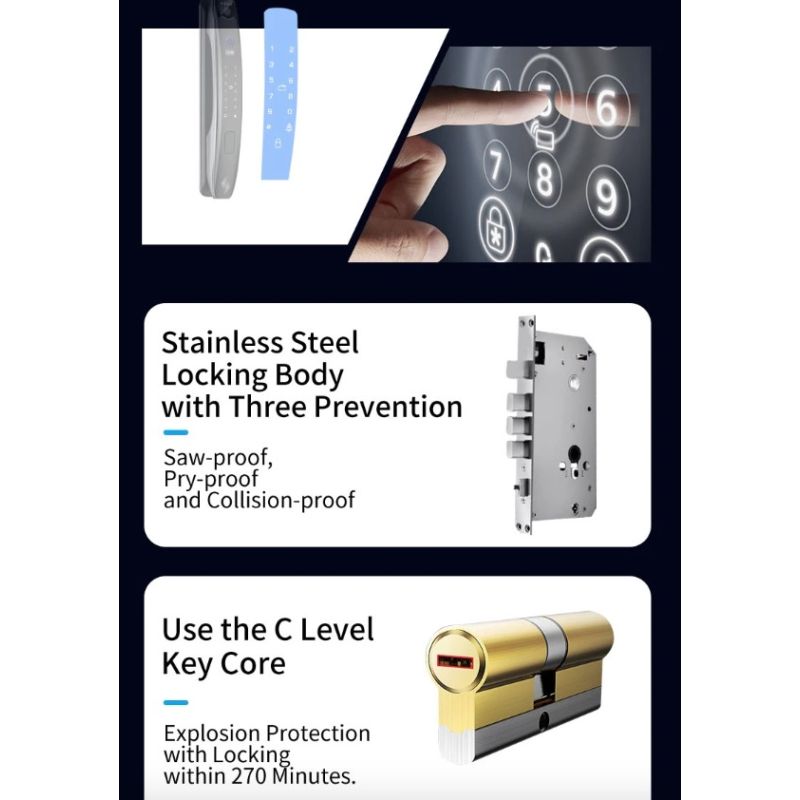 3D Face Smart Dørlås Sikkerhedskamera Monitor Intelligent Fingeraftryk Adgangskode Biometrisk Nøgleoplåsning