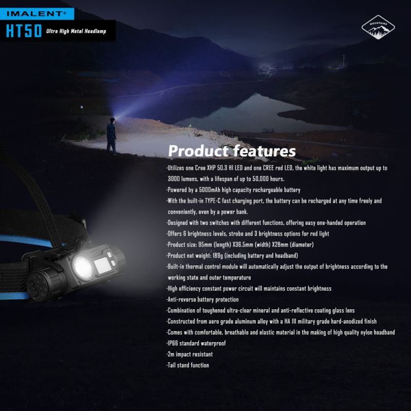 IMALENT HT50 LED-forlygte to lyskilder udendørs høj lumen vandtæt genopladeligt batteri eventyrforlygte