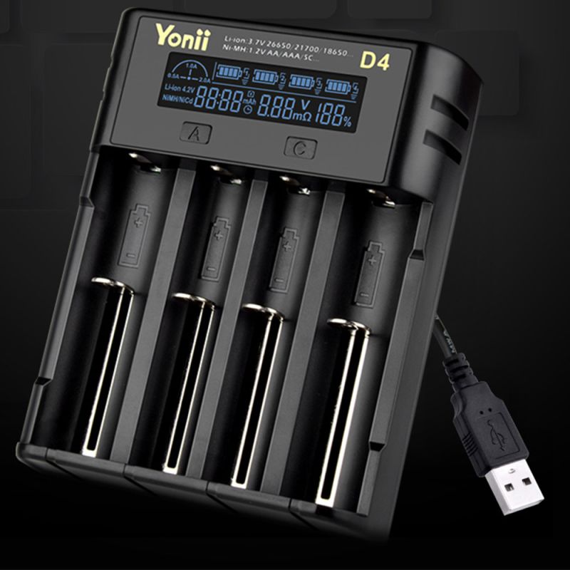 YONII D4 Universal 4-Slot LCD Oplader til 18650 21700 Lithium & AA AAA Ni-MH Batteri USB Oplader