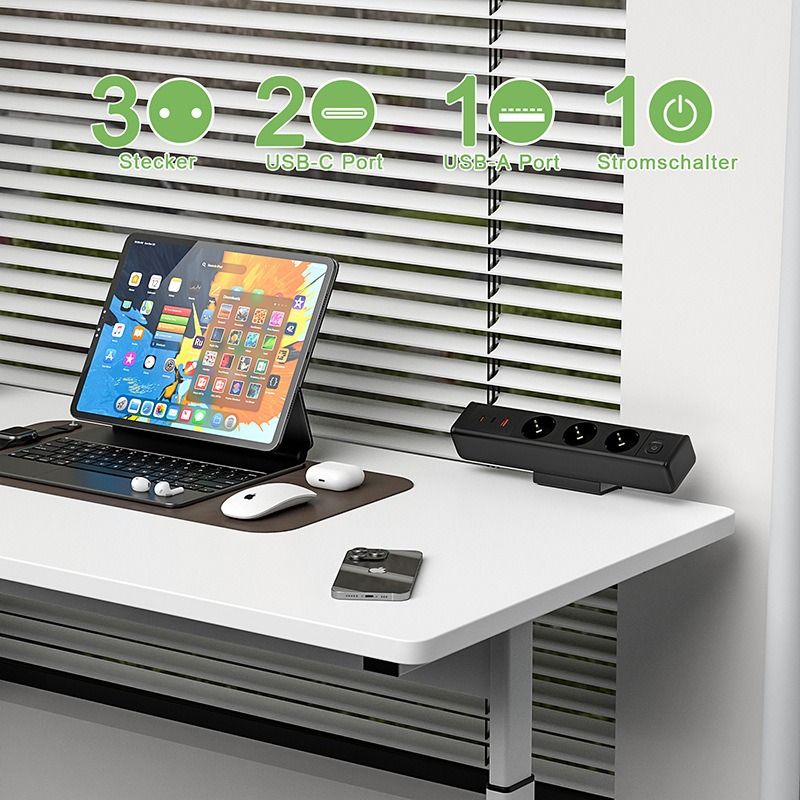 Skrivebord strømskinne, klemme USB-C/A hurtig oplader. EU stikkontakt med overbelastningsbeskyttelse & brandsikker.