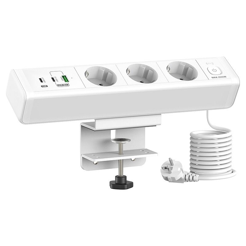 Skrivebord strømskinne, klemme USB-C/A hurtig oplader. EU stikkontakt med overbelastningsbeskyttelse & brandsikker.