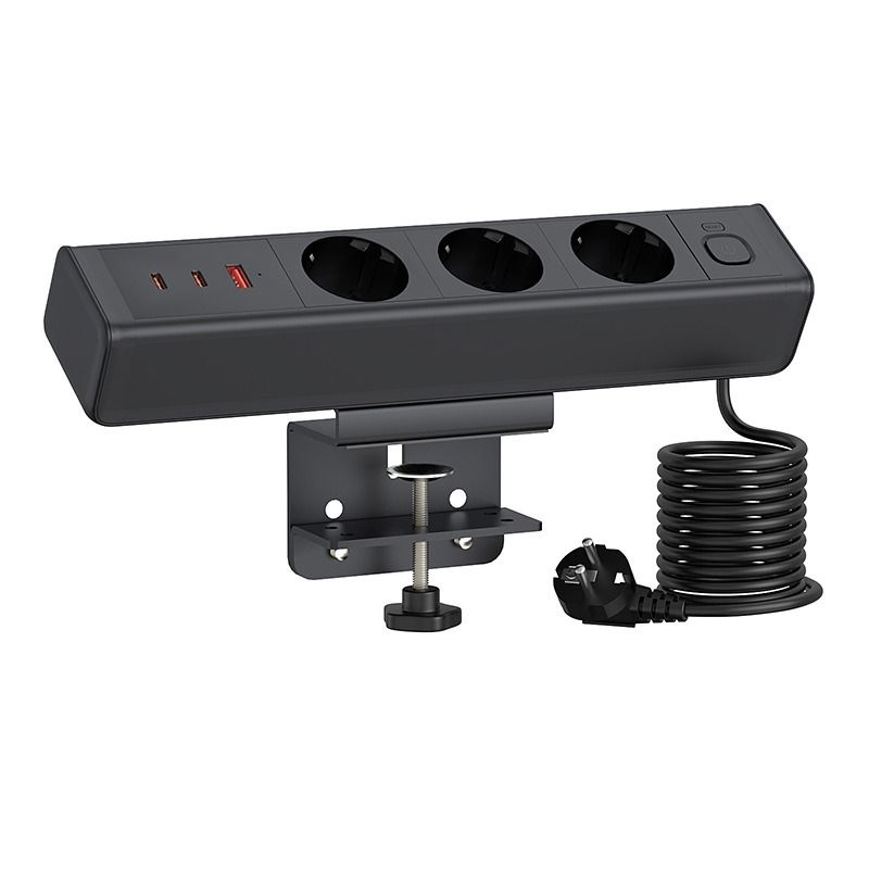 Skrivebord strømskinne, klemme USB-C/A hurtig oplader. EU stikkontakt med overbelastningsbeskyttelse & brandsikker.