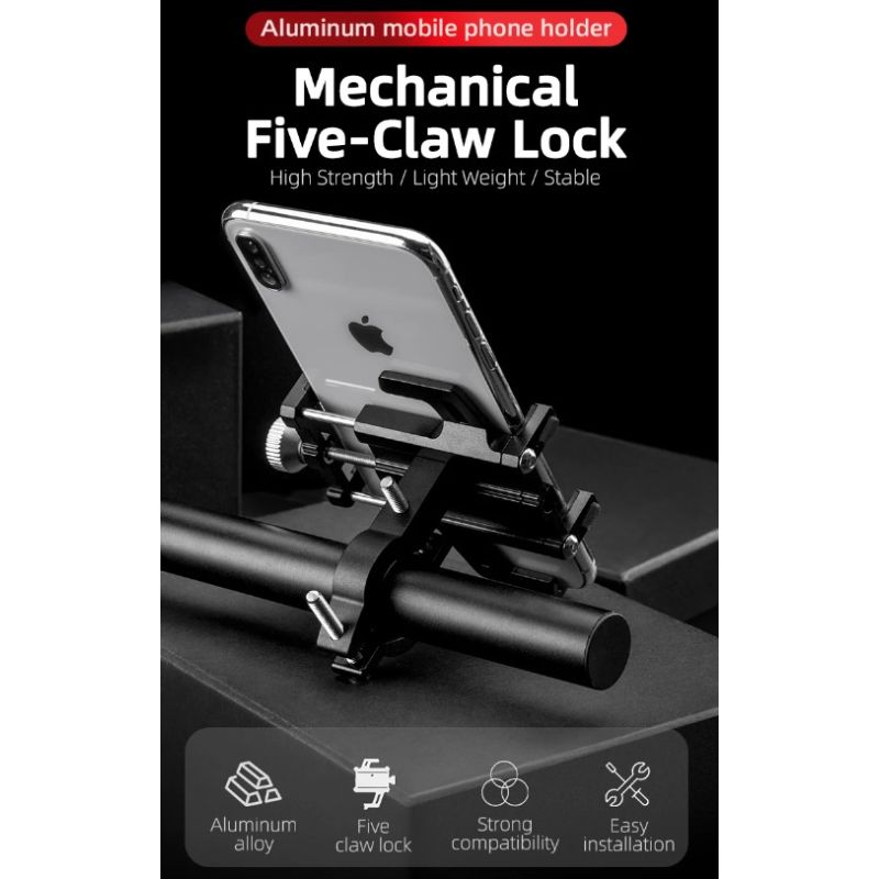 ROCKBROS telefonholder til motorcykel elcykel CNC aluminiumslegering slidstærk 5 kløer justerbar smartphoneholder