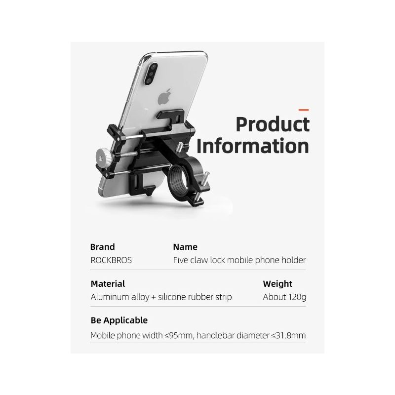 ROCKBROS telefonholder til motorcykel elcykel CNC aluminiumslegering slidstærk 5 kløer justerbar smartphoneholder