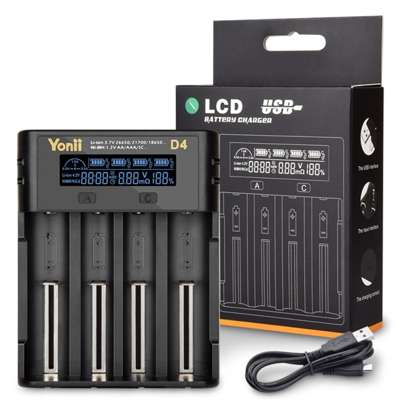 YONII D4 Universal 4-Slot LCD Oplader til 18650 21700 Lithium & AA AAA Ni-MH Batteri USB Oplader