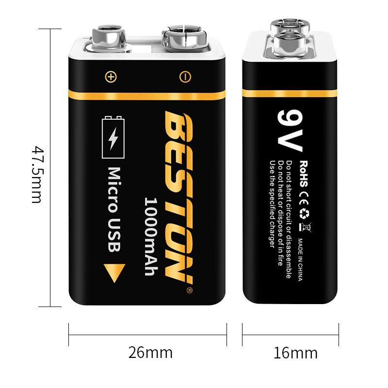 Beston 9V 1000mAh genopladeligt batteri mikro USB li-ion høj kapacitet til RC helikopter og mikrofon