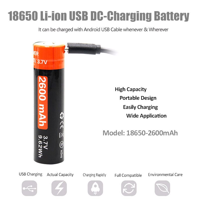 18650 2600mAh 3.7V Micro USB genopladeligt Li-ion batteri høj energitæthed genopladeligt lithium-ion batteri